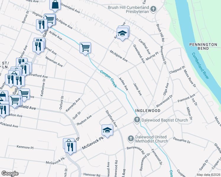 map of restaurants, bars, coffee shops, grocery stores, and more near 1503 Golf Street in Nashville