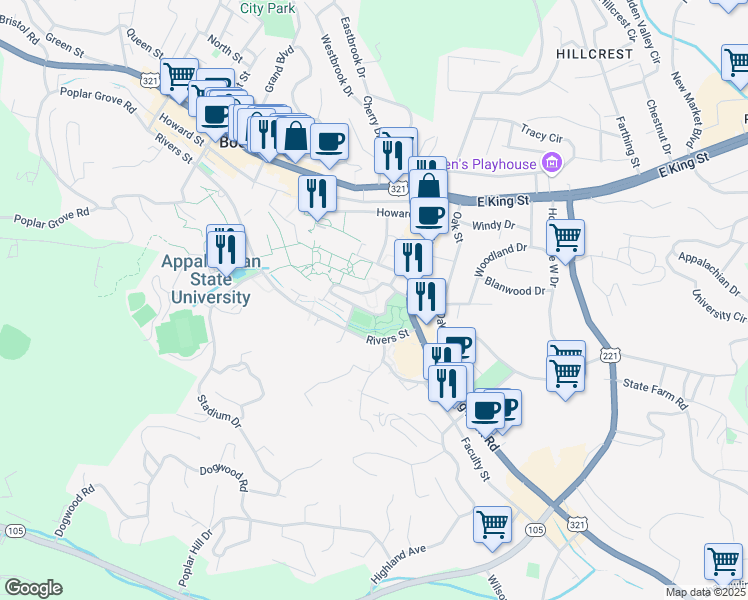 map of restaurants, bars, coffee shops, grocery stores, and more near 438 Academy Street in Boone