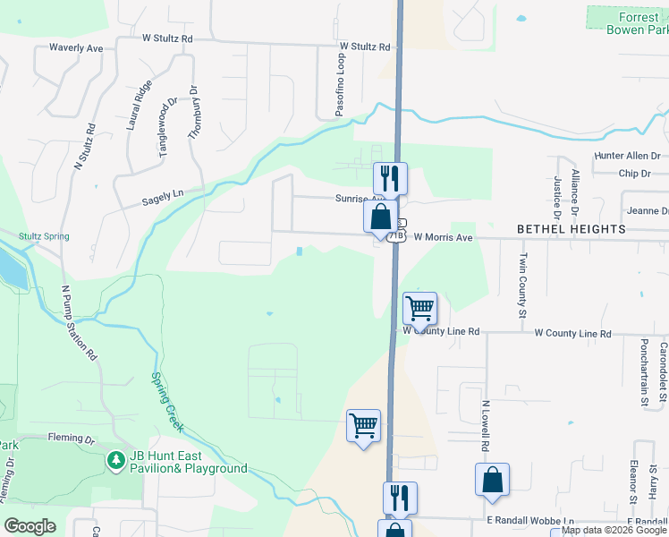 map of restaurants, bars, coffee shops, grocery stores, and more near 1091 West Morris Avenue in Springdale