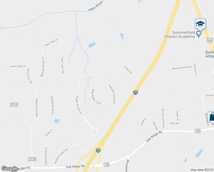 map of restaurants, bars, coffee shops, grocery stores, and more near 7635 Henson Forest Drive in Summerfield