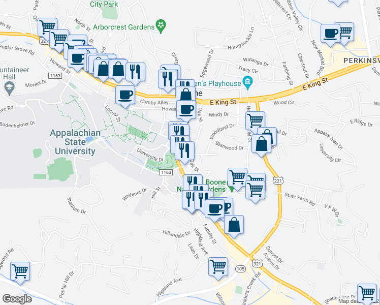 map of restaurants, bars, coffee shops, grocery stores, and more near 165 Pine Street in Boone
