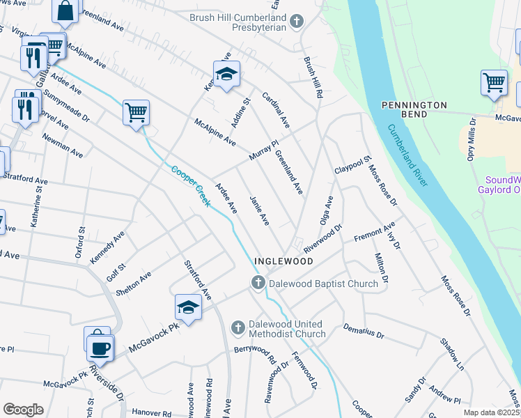 map of restaurants, bars, coffee shops, grocery stores, and more near 1431 Janie Avenue in Nashville