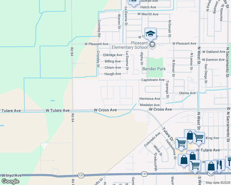 map of restaurants, bars, coffee shops, grocery stores, and more near 2300 West Tulare Avenue in Tulare