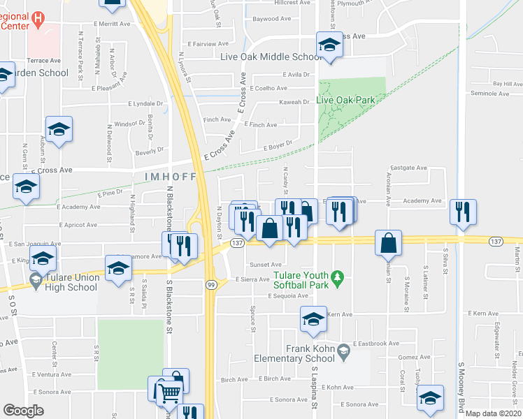 map of restaurants, bars, coffee shops, grocery stores, and more near 230 North Lane Street in Tulare