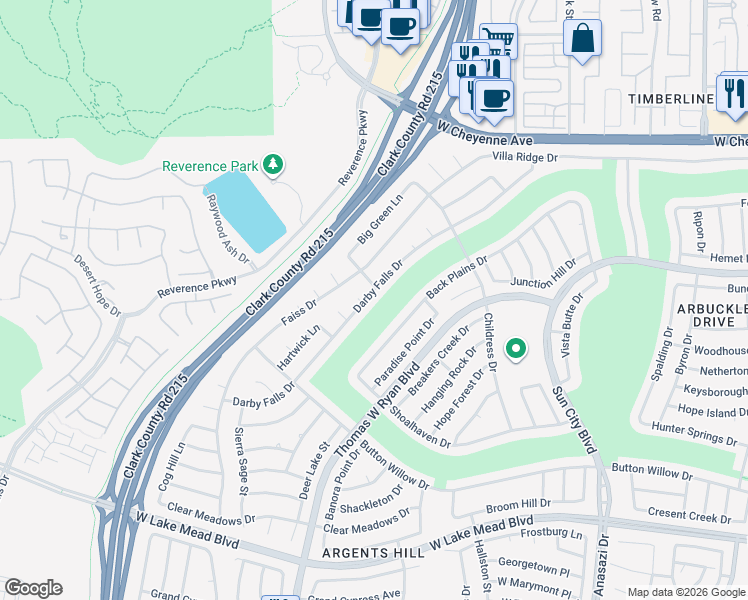 map of restaurants, bars, coffee shops, grocery stores, and more near 2833 Darby Falls Drive in Las Vegas