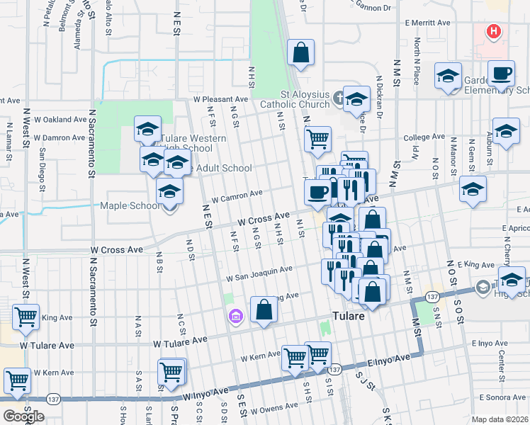 map of restaurants, bars, coffee shops, grocery stores, and more near 517 North H Street in Tulare