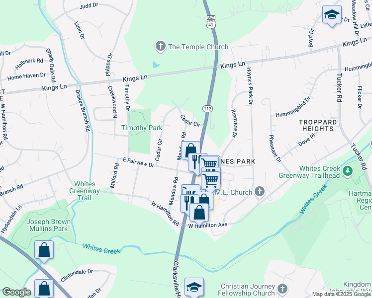 map of restaurants, bars, coffee shops, grocery stores, and more near 4012 Meadow Road in Nashville