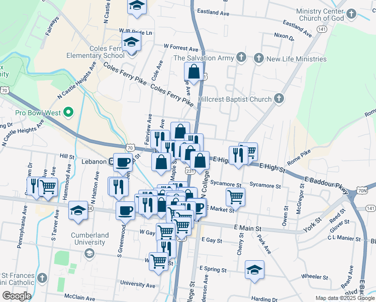 map of restaurants, bars, coffee shops, grocery stores, and more near 402 North Cumberland Street in Lebanon