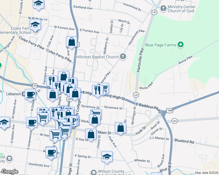 map of restaurants, bars, coffee shops, grocery stores, and more near 418 Highland Court in Lebanon