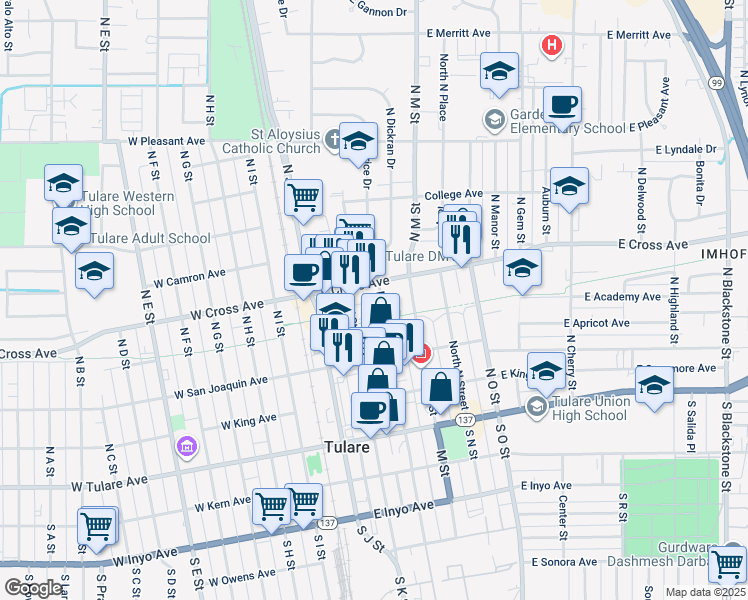 map of restaurants, bars, coffee shops, grocery stores, and more near 435 North L Street in Tulare