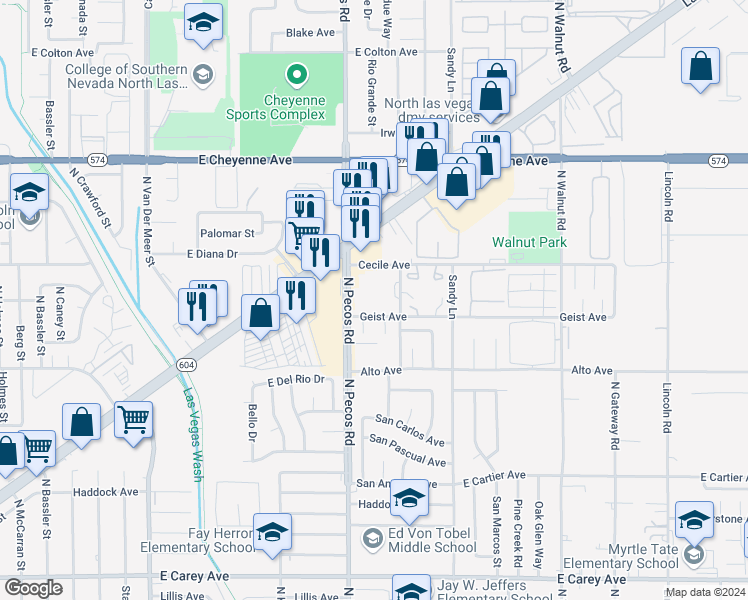 map of restaurants, bars, coffee shops, grocery stores, and more near 2928 North Pecos Road in North Las Vegas