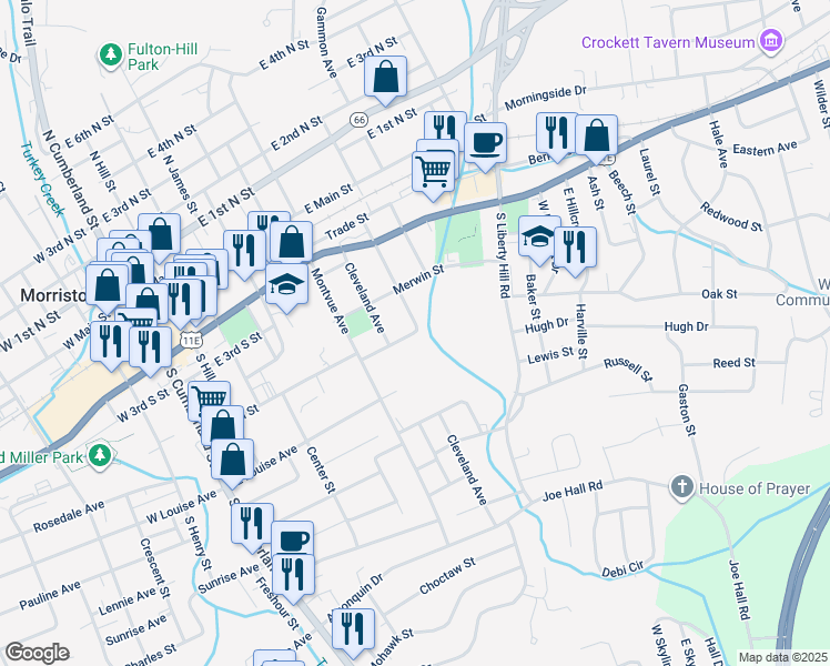 map of restaurants, bars, coffee shops, grocery stores, and more near 442 Locust Street in Morristown
