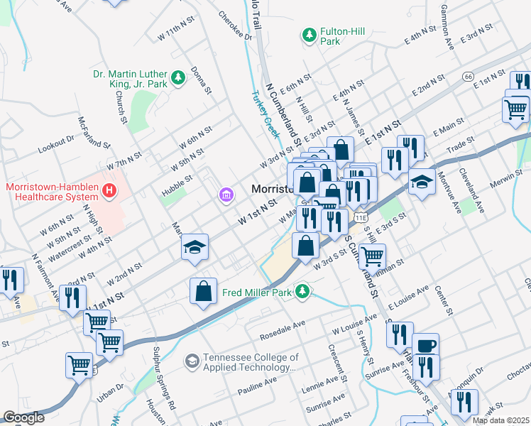 map of restaurants, bars, coffee shops, grocery stores, and more near 400 West 1st North Street in Morristown