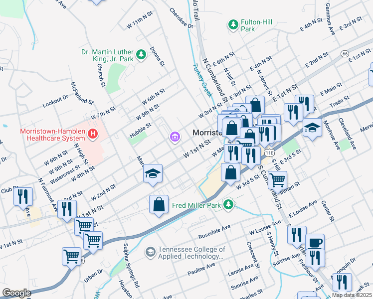 map of restaurants, bars, coffee shops, grocery stores, and more near 400 West 1st North Street in Morristown