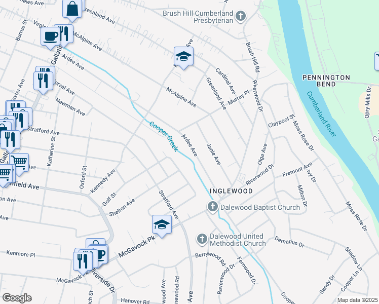 map of restaurants, bars, coffee shops, grocery stores, and more near 1412 Ardee Avenue in Nashville