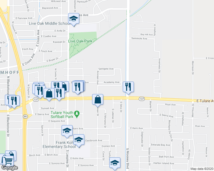 map of restaurants, bars, coffee shops, grocery stores, and more near 1939 Academy Avenue in Tulare