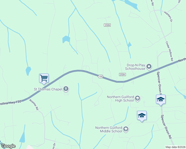 map of restaurants, bars, coffee shops, grocery stores, and more near 527 North Carolina 150 in Greensboro