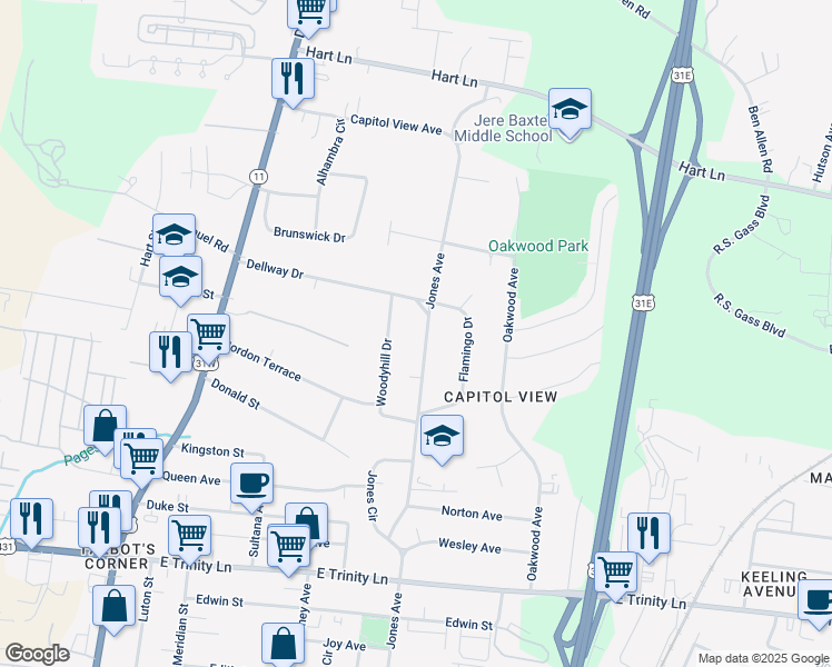 map of restaurants, bars, coffee shops, grocery stores, and more near 2612 Jones Avenue in Nashville