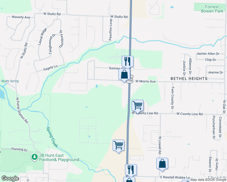 map of restaurants, bars, coffee shops, grocery stores, and more near 1091 West Morris Avenue in Springdale