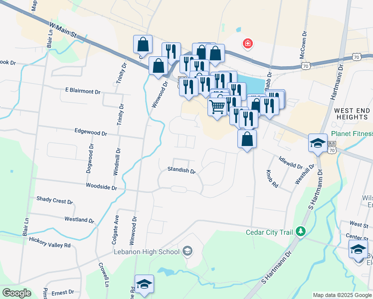 map of restaurants, bars, coffee shops, grocery stores, and more near 300 Hillcreek Drive in Lebanon