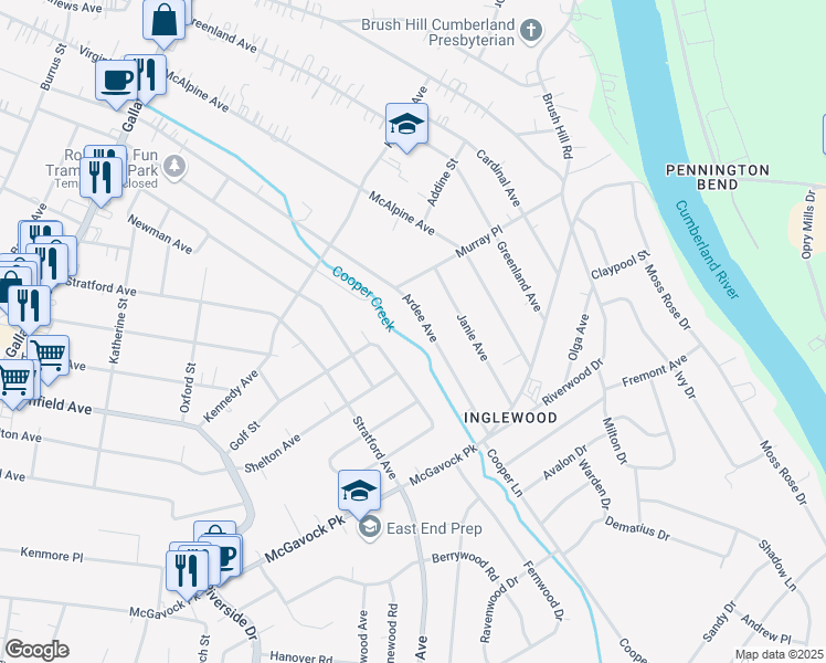 map of restaurants, bars, coffee shops, grocery stores, and more near 1412 Ardee Avenue in Nashville