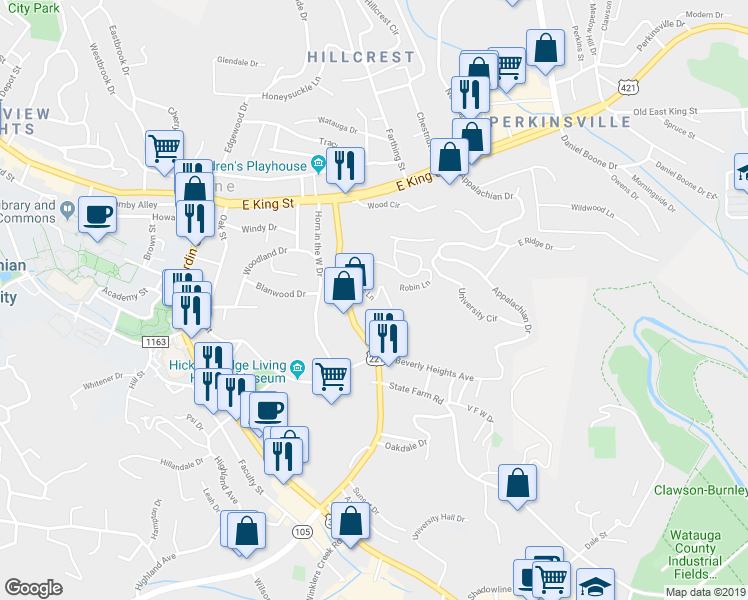 map of restaurants, bars, coffee shops, grocery stores, and more near 212 Eric Lane in Boone