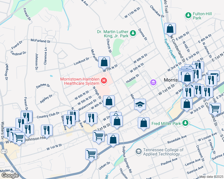 map of restaurants, bars, coffee shops, grocery stores, and more near 815 West 5th North Street in Morristown