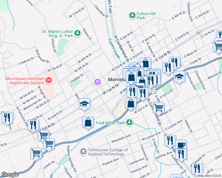 map of restaurants, bars, coffee shops, grocery stores, and more near 401 West 1st North Street in Morristown
