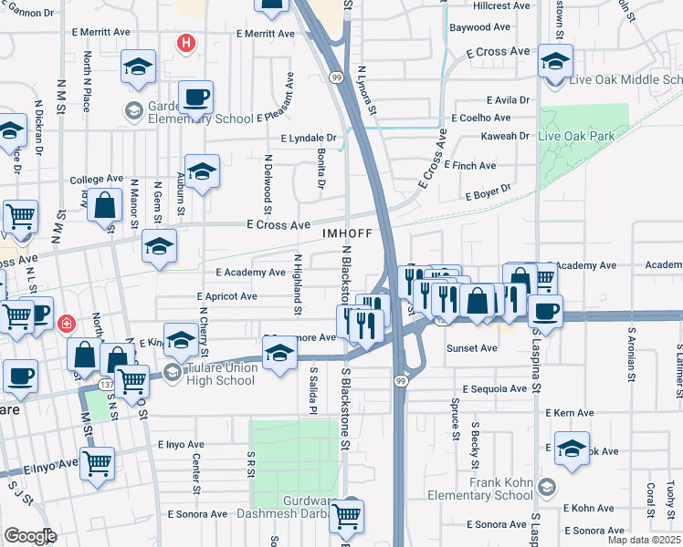 map of restaurants, bars, coffee shops, grocery stores, and more near 1097 East Academy Avenue in Tulare