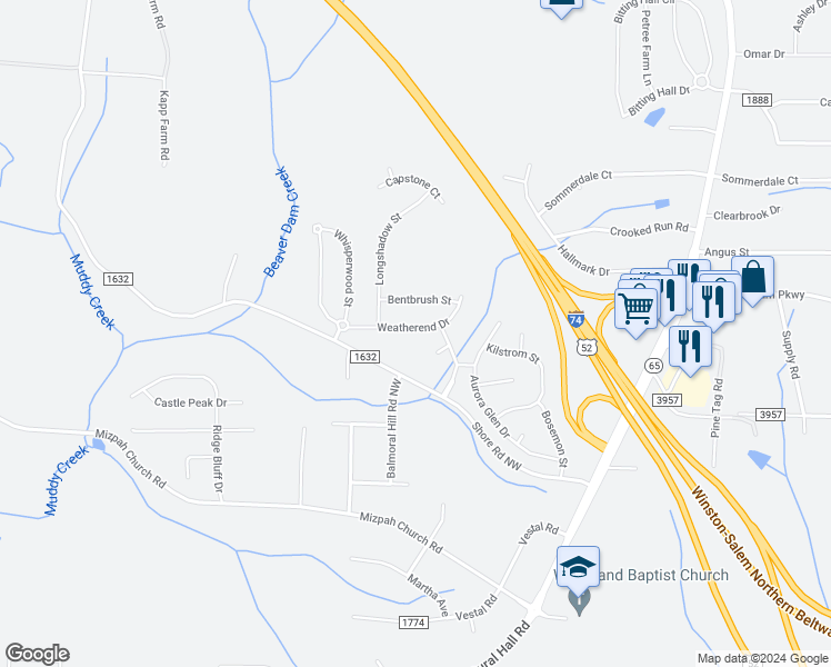 map of restaurants, bars, coffee shops, grocery stores, and more near 1528 Weatherend Drive in Rural Hall