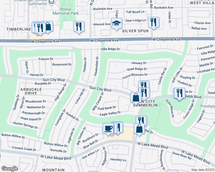 map of restaurants, bars, coffee shops, grocery stores, and more near 2836 Billy Casper Drive in Las Vegas