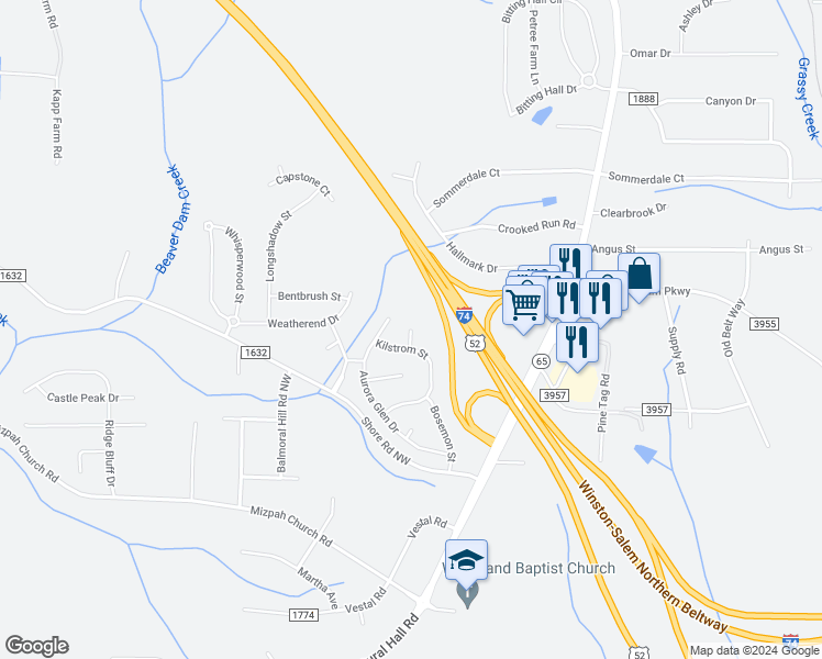 map of restaurants, bars, coffee shops, grocery stores, and more near 1037 Solstice Street in Rural Hall