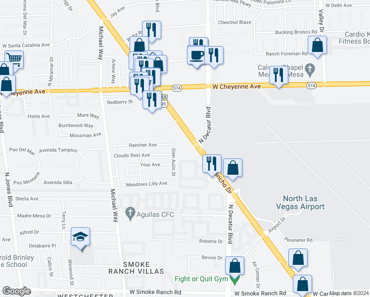 map of restaurants, bars, coffee shops, grocery stores, and more near 2951 North Rancho Drive in Las Vegas