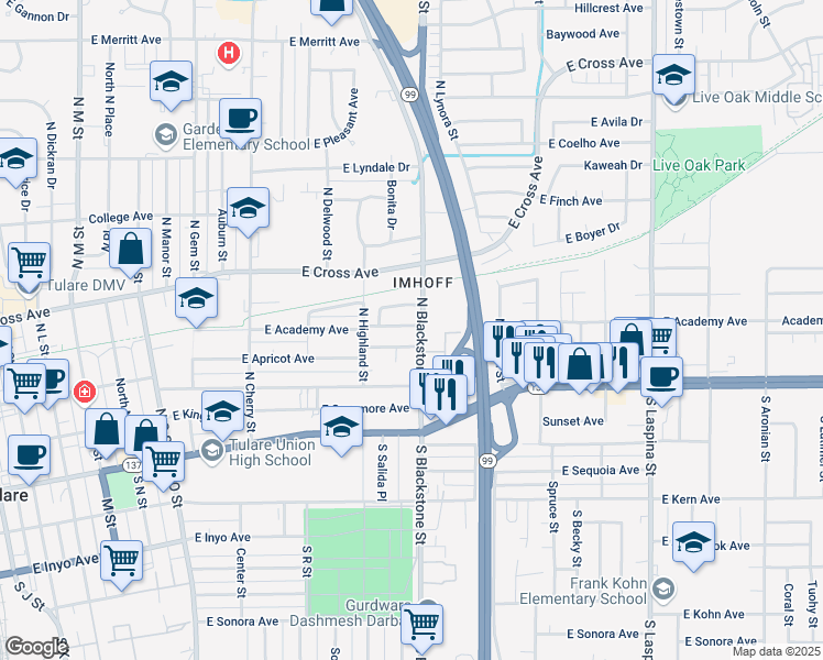 map of restaurants, bars, coffee shops, grocery stores, and more near 1097 East Academy Avenue in Tulare