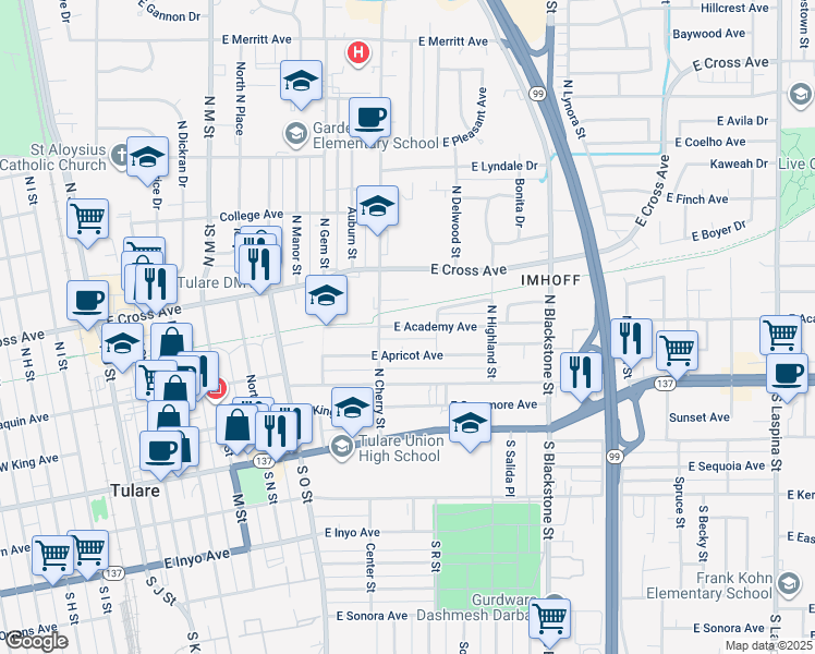 map of restaurants, bars, coffee shops, grocery stores, and more near 822 East Academy Avenue in Tulare