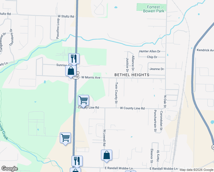 map of restaurants, bars, coffee shops, grocery stores, and more near 3209 Memory Lane in Springdale