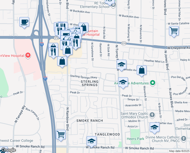 map of restaurants, bars, coffee shops, grocery stores, and more near 6516 Sterling Springs Pkwy in Las Vegas