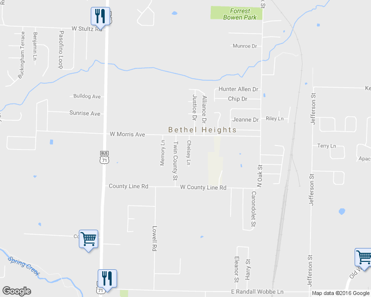 map of restaurants, bars, coffee shops, grocery stores, and more near 3196 Chelsey Lane in Springdale