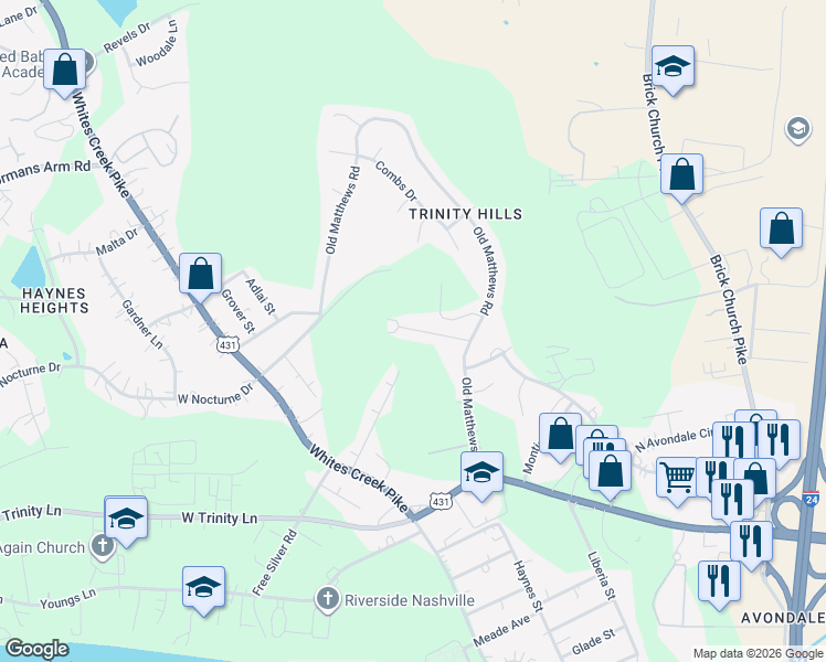 map of restaurants, bars, coffee shops, grocery stores, and more near 26 Yokley Road in Nashville