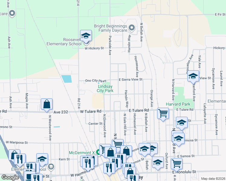map of restaurants, bars, coffee shops, grocery stores, and more near 828 Parkside Avenue in Lindsay