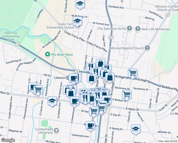 map of restaurants, bars, coffee shops, grocery stores, and more near 333 West High Street in Lebanon