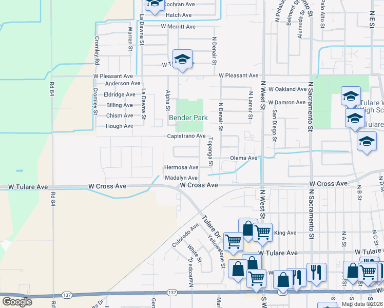 map of restaurants, bars, coffee shops, grocery stores, and more near 1714 Santa Cruz Drive West in Tulare