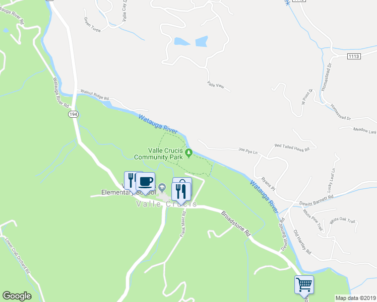 map of restaurants, bars, coffee shops, grocery stores, and more near Valle Crucis Park Loop in Sugar Grove