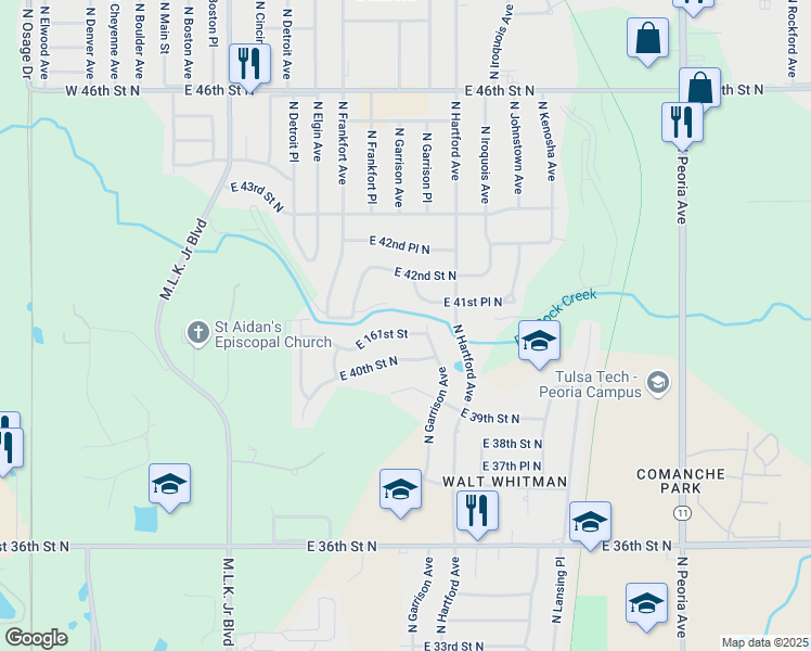 map of restaurants, bars, coffee shops, grocery stores, and more near 567 East 40th Place North in Tulsa