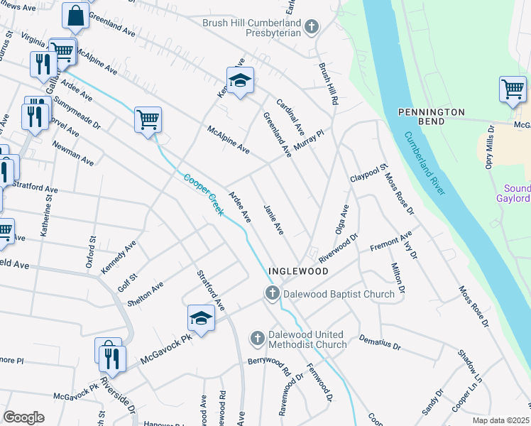 map of restaurants, bars, coffee shops, grocery stores, and more near 1428 Janie Avenue in Nashville