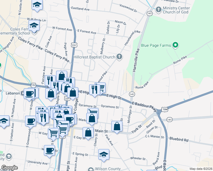 map of restaurants, bars, coffee shops, grocery stores, and more near 418 Highland Court in Lebanon