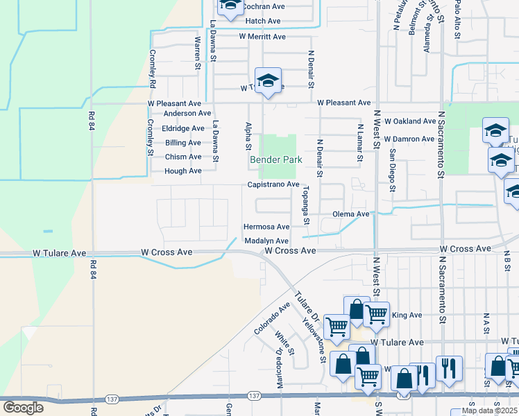 map of restaurants, bars, coffee shops, grocery stores, and more near 1750 Santa Cruz Drive West in Tulare