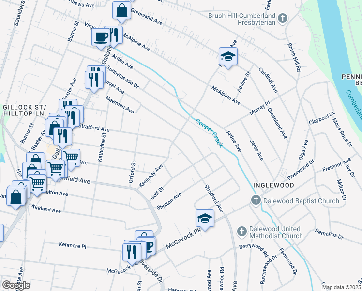 map of restaurants, bars, coffee shops, grocery stores, and more near 1347 Stratford Avenue in Nashville