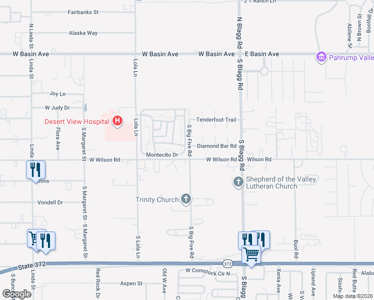 map of restaurants, bars, coffee shops, grocery stores, and more near 221 Montecito Drive in Pahrump