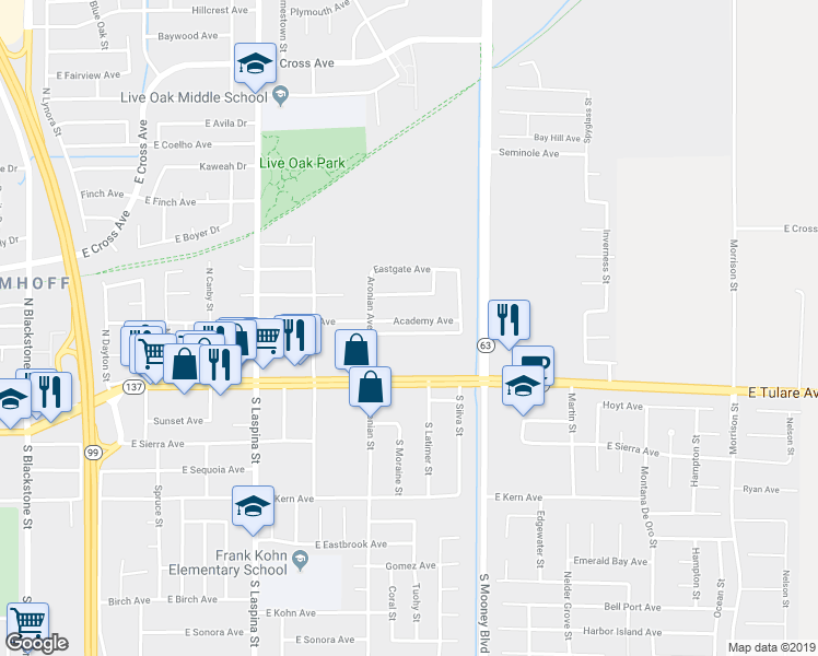 map of restaurants, bars, coffee shops, grocery stores, and more near 1947 Academy Avenue in Tulare